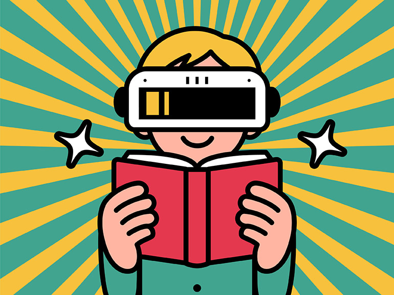Person with a book and a VR headset