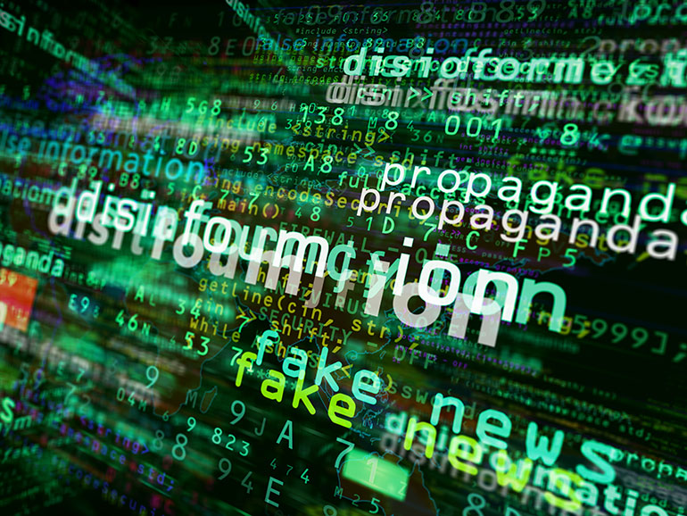 Abstract screen illustration with the words "disinformation", "propaganda" and "fake news"