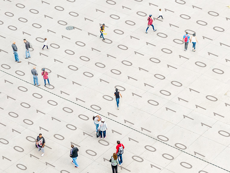 people walking on binary code