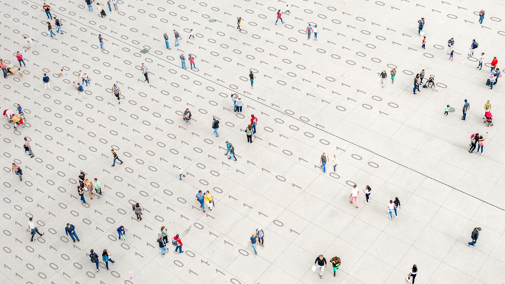 People walking on binary code