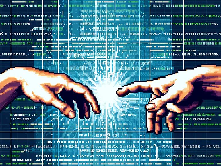Michelangelo-Hände vor digitalem Code