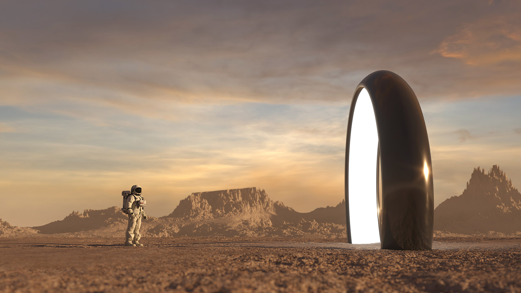 Visualization: Astronaut in front of brightly lit gateway
