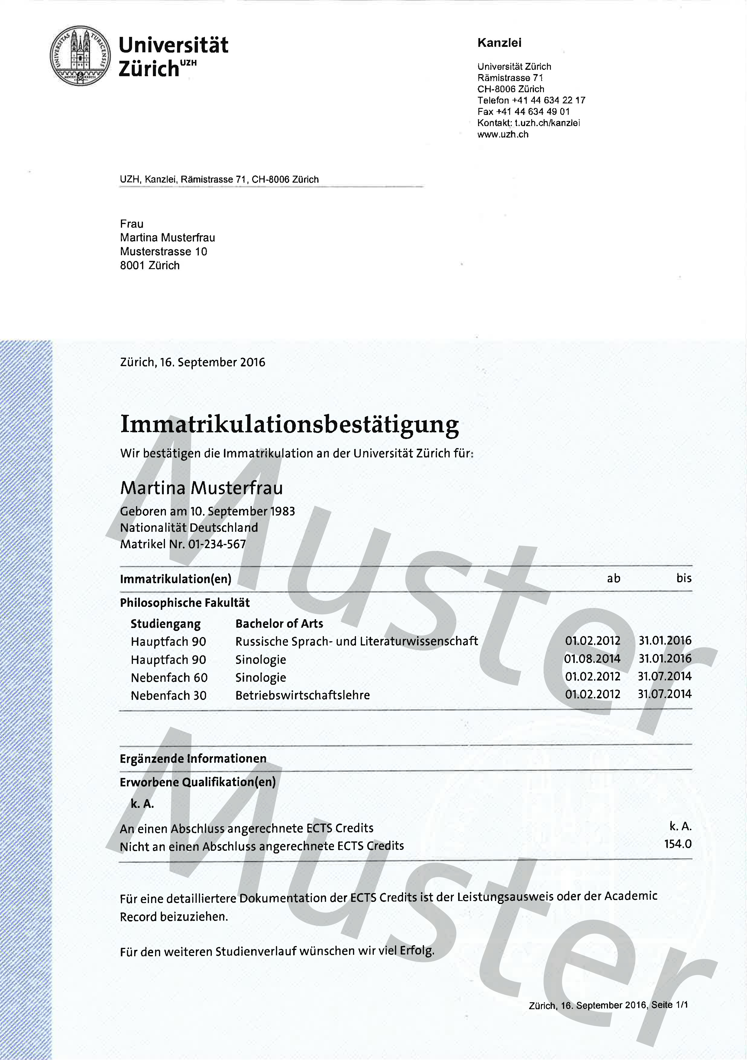 Muster Immatrikulationsbestätigung