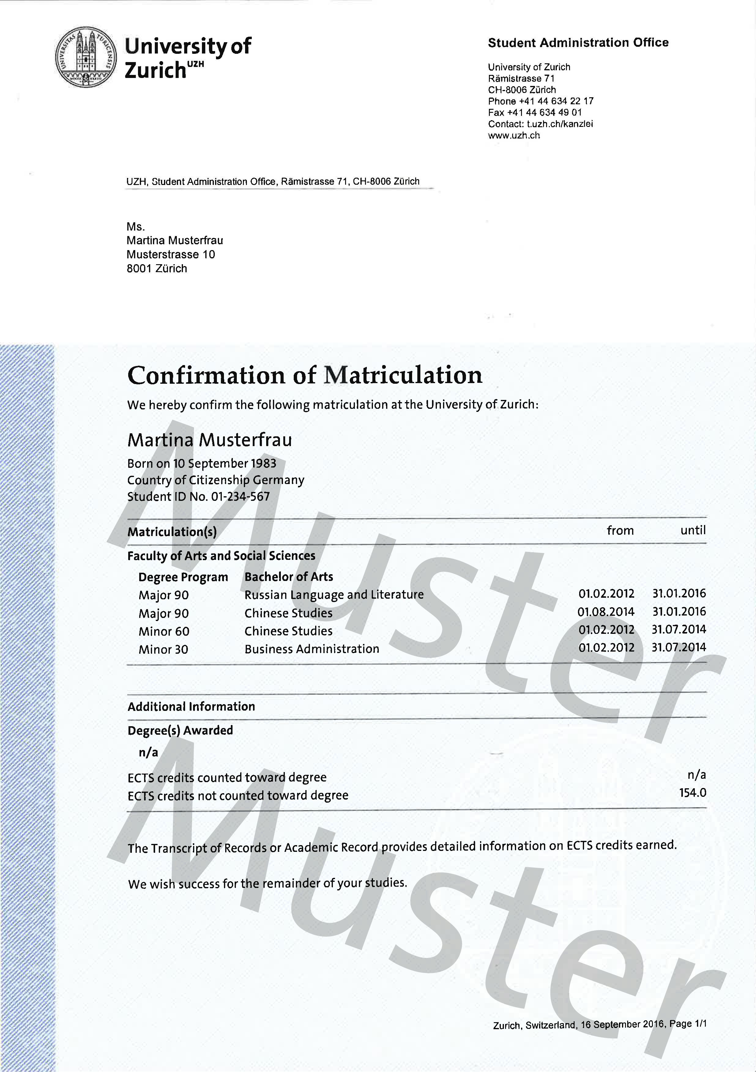 Muster Immatrikulationsbestätigung